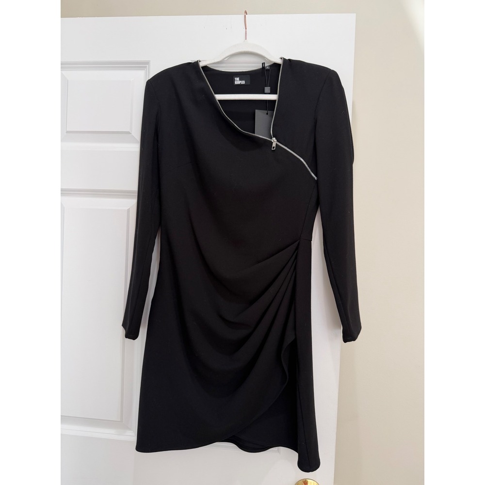 The Kooples Asymmetric Zip Drape Dress Women Size 2 Black New Ruched Mini